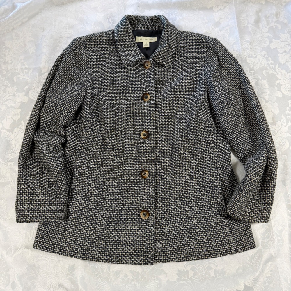 Appleseed's Silk Tweed Button Front Jacket Navy Cream Size 10 Dark Academia